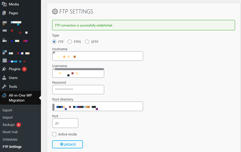 All-in-One WP Migration FTP Extension Activated
