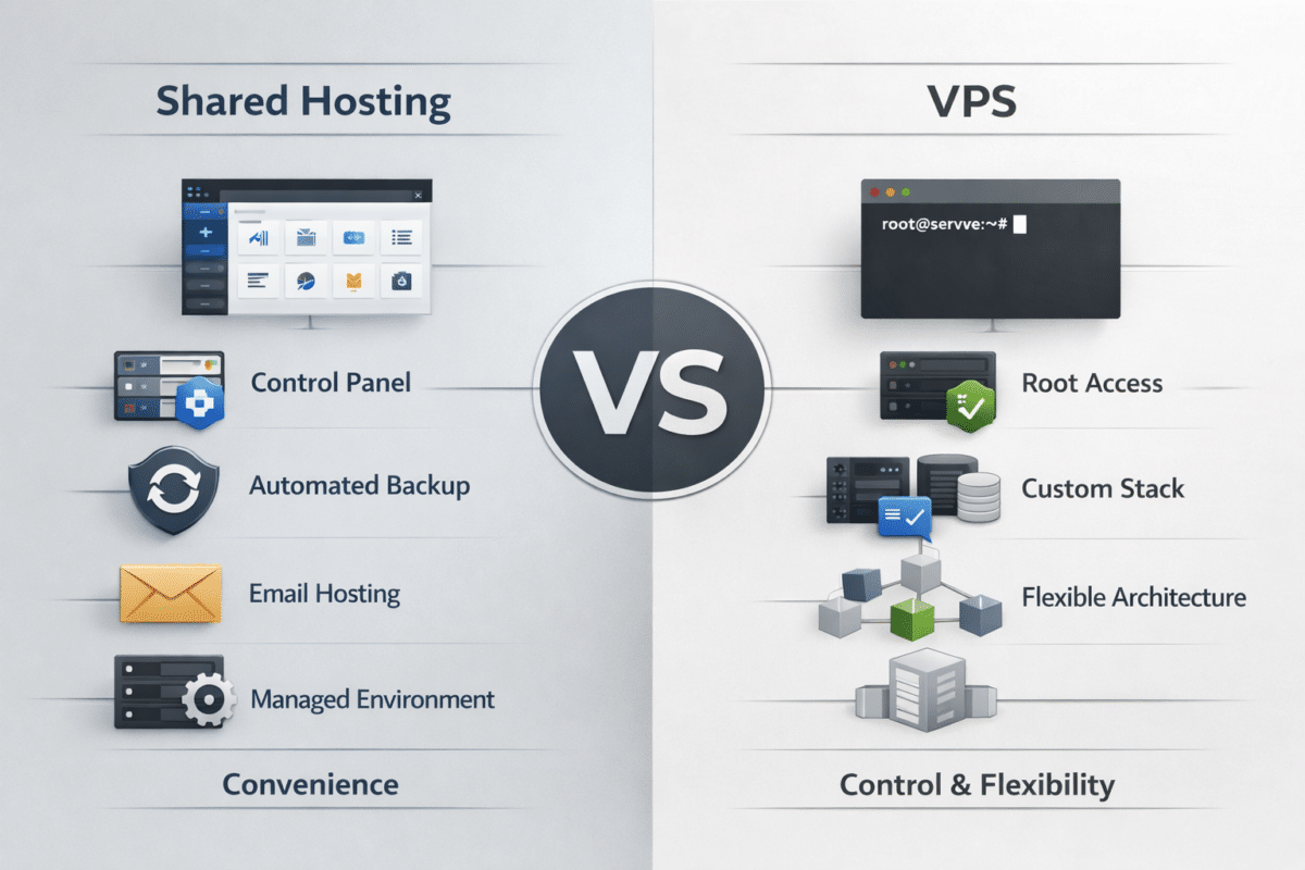 Ảnh minh họa editorial tech hiện đại, sạch, đáng tin, mô tả hai nhánh lựa chọn cho website: một bên là shared hosting với giao diện control panel, backup, email và môi trường được quản trị sẵn; bên còn lại là VPS với terminal Linux, quyền root, stack web tùy chỉnh và kiến trúc linh hoạt. Bố cục rõ ràng, chuyên nghiệp, màu trung tính, không quá nhiều chữ trong ảnh, nhấn cảm giác ra quyết định giữa tiện lợi và quyền kiểm soát.